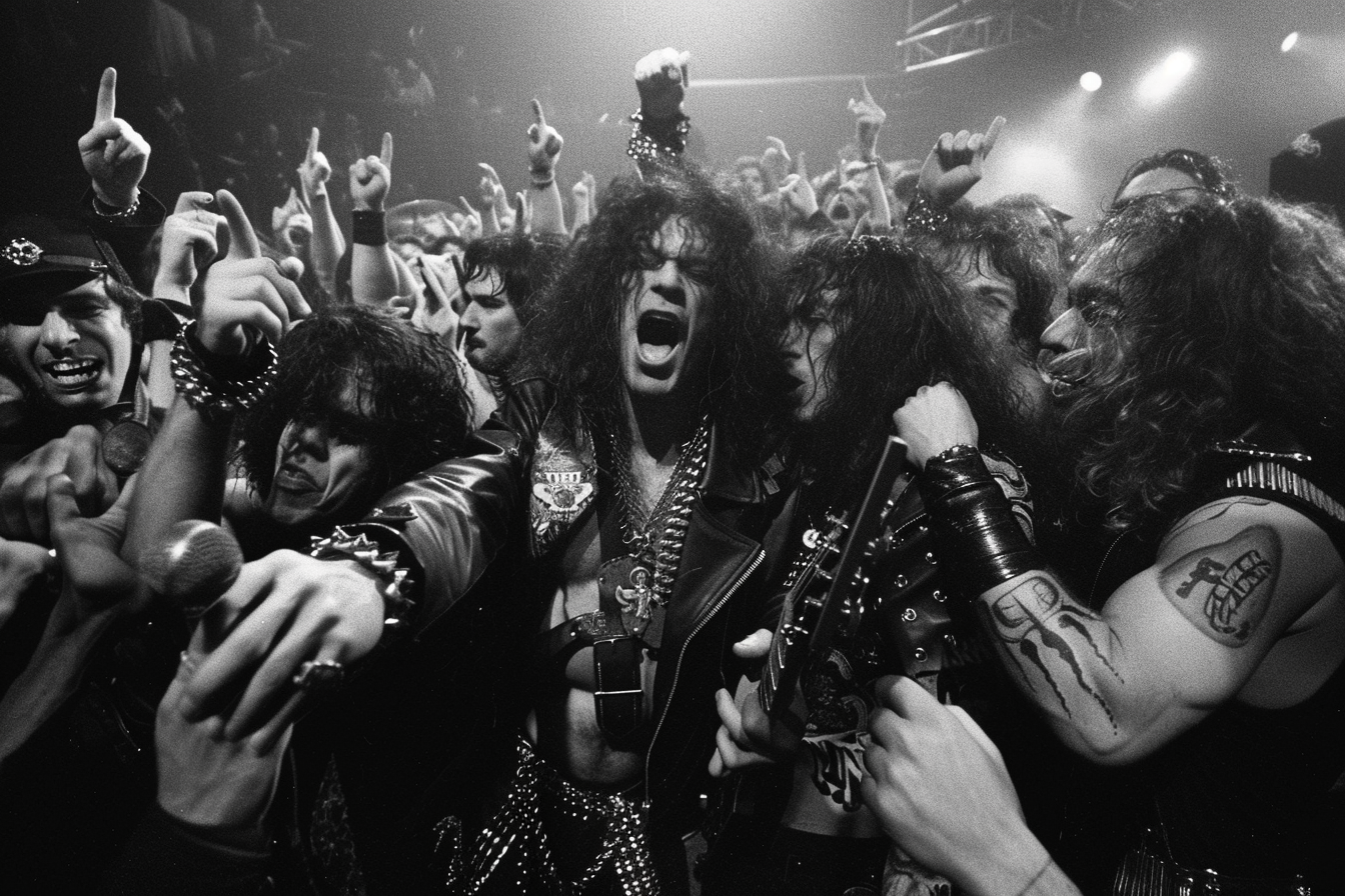 Black and white photo of a heavy metal concert, lead singer and guitarist surrounded by an energetic crowd.