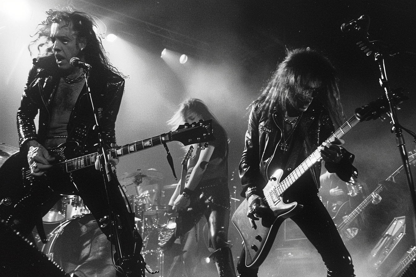 Black and white photo of a heavy metal band performing on stage with intense energy, lead guitarist singing into the microphone.