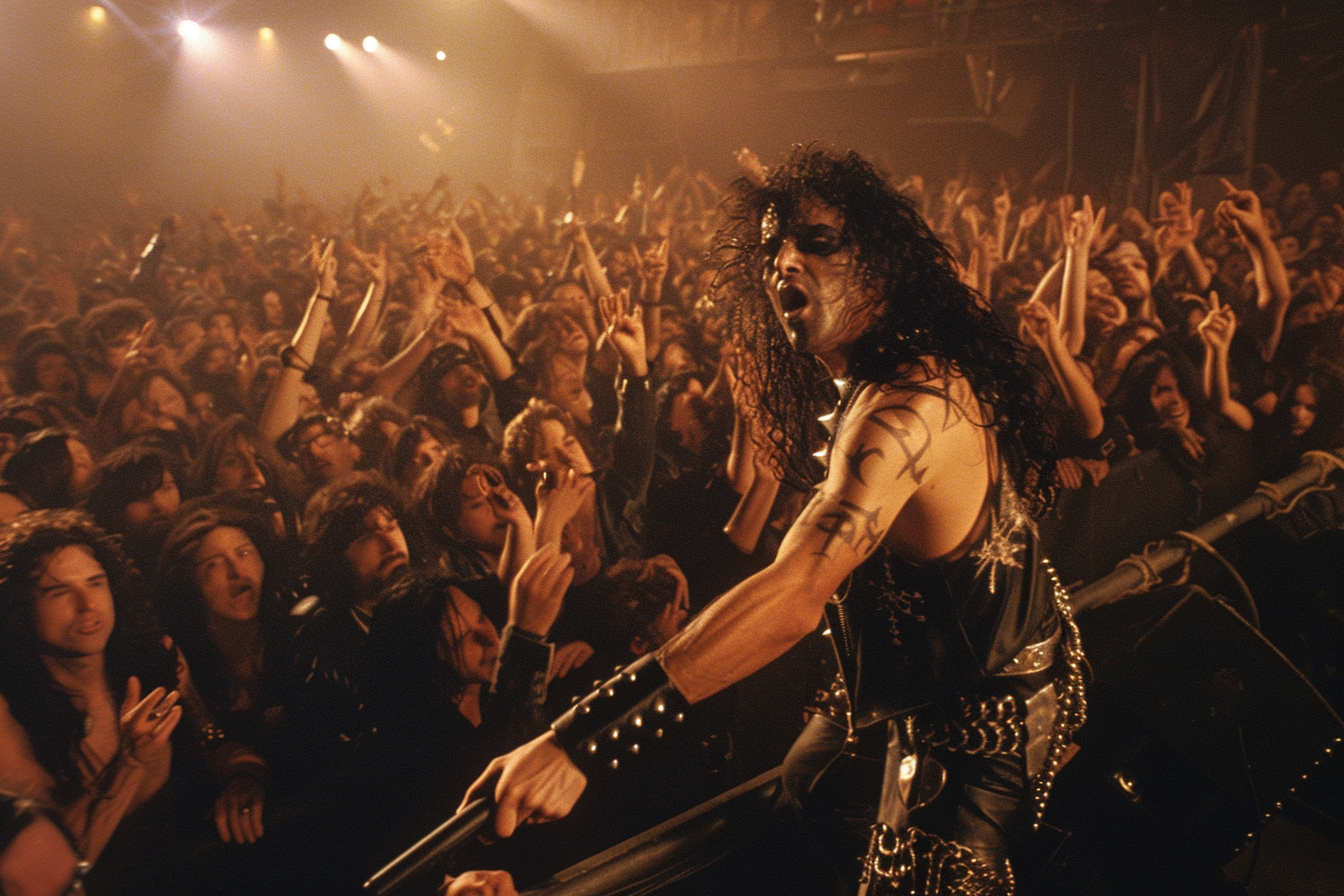 Heavy metal band performing energetically on stage, with the lead singer and guitarist interacting with a passionate crowd.