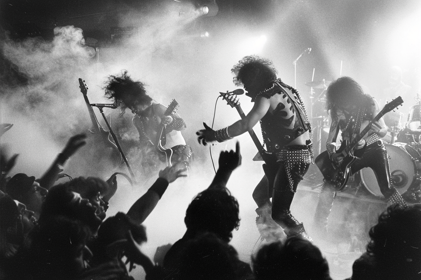 Heavy metal band performing on stage with dramatic lighting, the lead guitarist and bassist immersed in their performance.