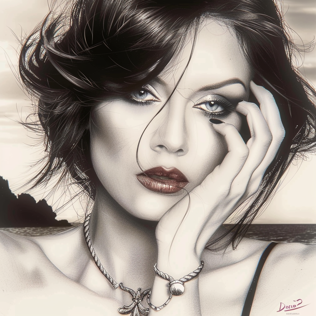 Detailed illustration of a woman's face with expressive eyes, dark makeup, and wavy hair, evoking a gothic and melancholic atmosphere.