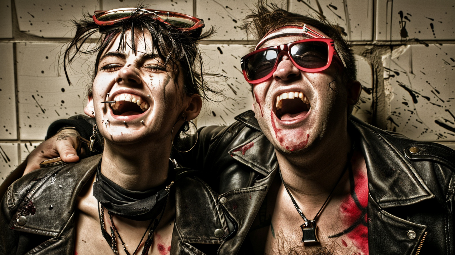 Metalhead man and woman laughing together, with punk accessories and splattered paint background.