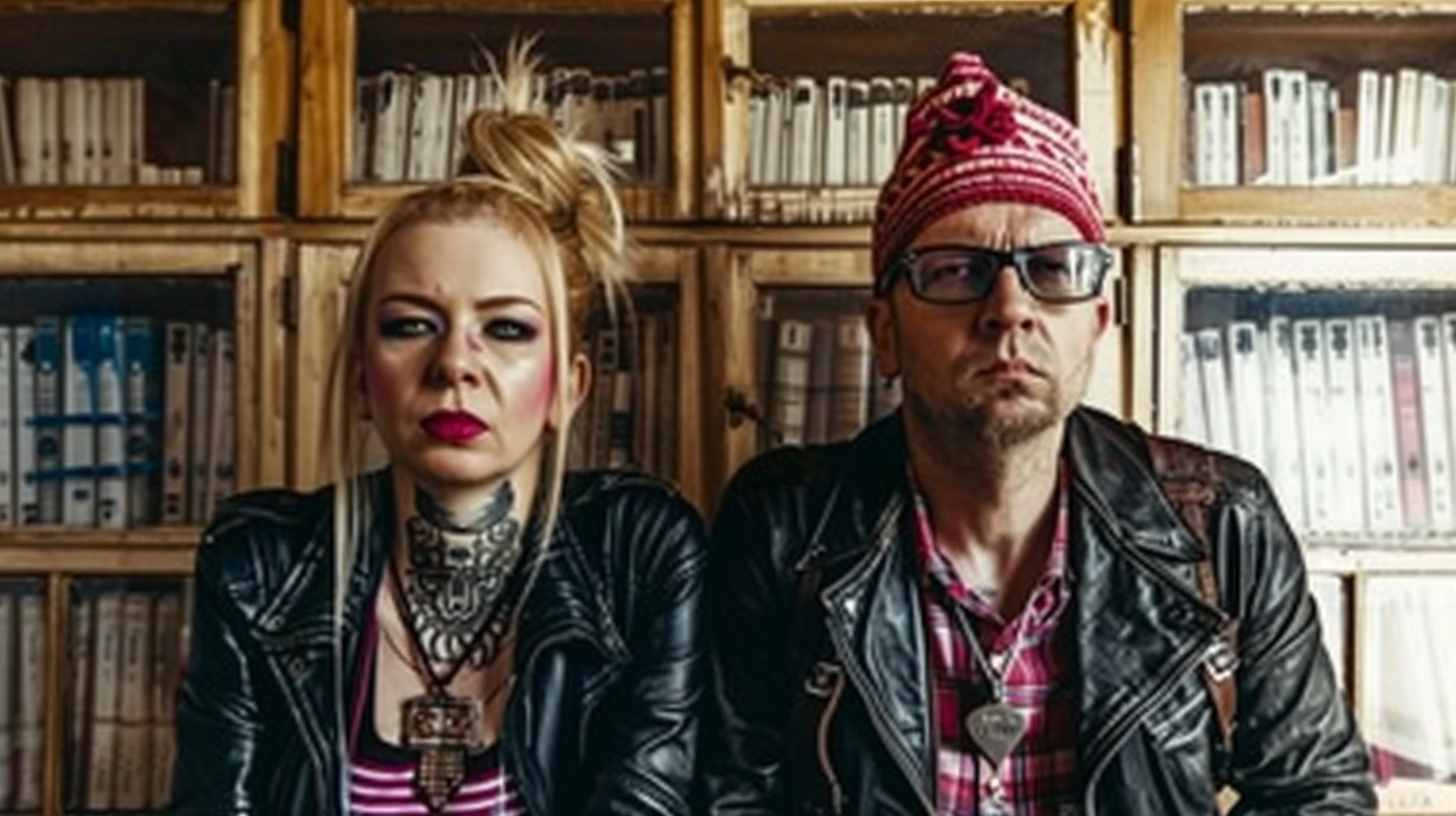 Metalhead man and woman sitting in front of shelves filled with records, both wearing leather jackets.