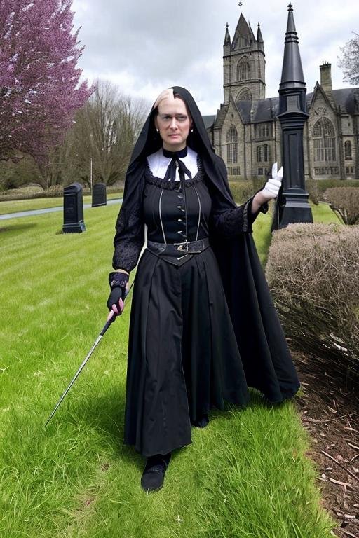 An older gothic woman dressed in black Victorian-style clothing walks confidently through a Gothic-style cathedral courtyard, holding a cane, with the cathedral's grand architecture in the background
