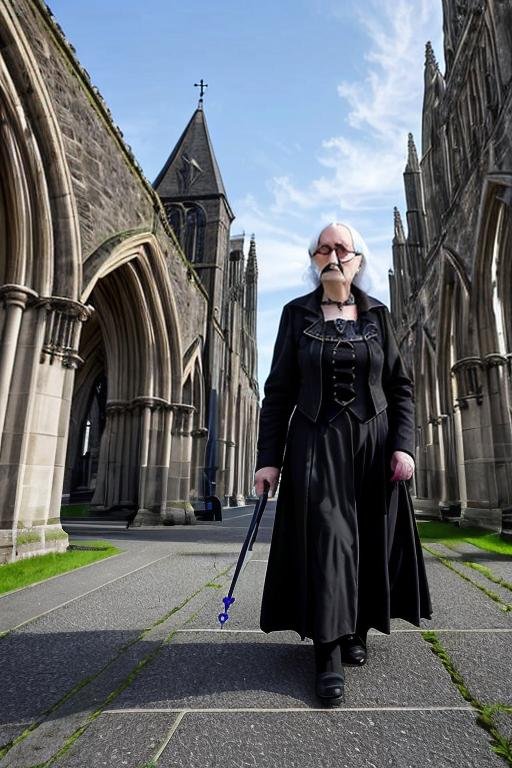 An older gothic woman walks confidently through a Gothic-style cathedral courtyard, dressed in black with a cane, symbolizing strength and resilience.