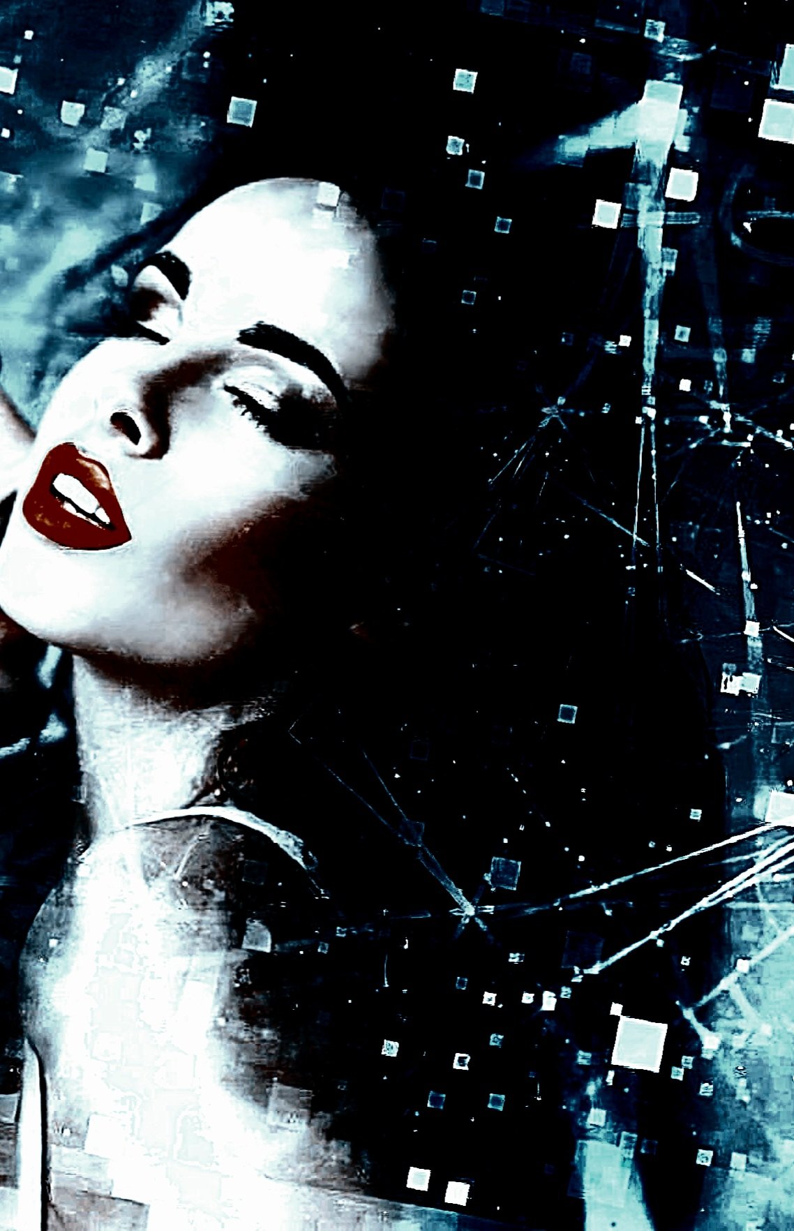A woman in a red dress lounging on a couch, silhouetted against a dark background, creating a moody and contemplative atmosphere.