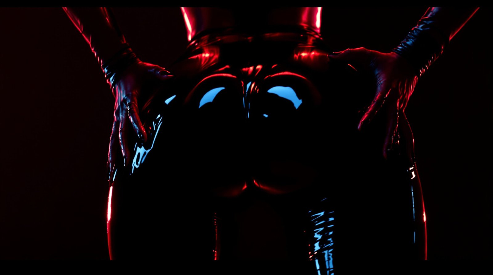 Gloved hands gripping glossy latex-clad buttocks under red and blue lights, curves reflecting high shine.