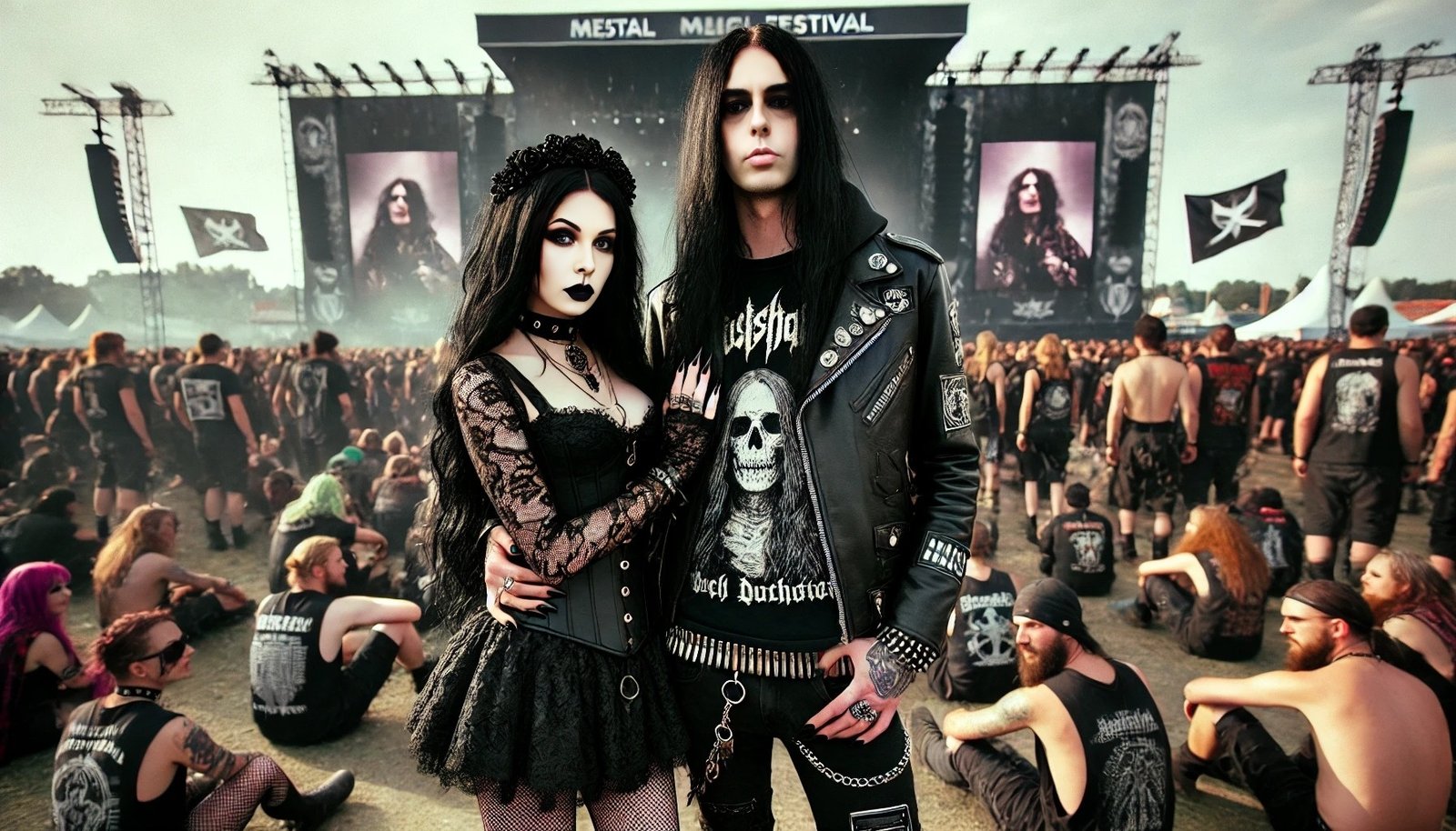 Gothic woman and black metalhead man standing close together at a metal festival, with stages and crowds in the background. The woman wears a black lace dress, and the man in a leather jacket and band t-shirt.