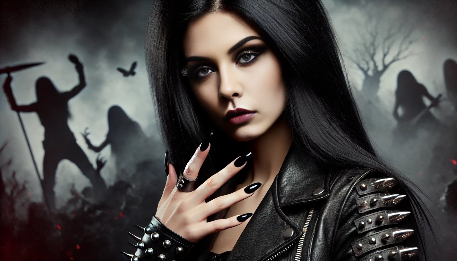 Black metalhead woman with long black hair, smokey eye makeup, and long black nails, wearing a studded leather jacket, with a dramatic, war-torn background.