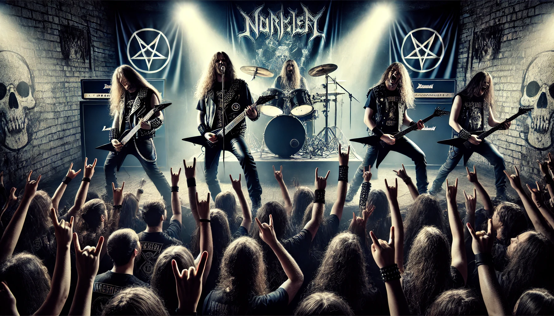A powerful and intense concert scene with a metal band performing on stage. The band members are dressed in typical metalhead fashion with leather jackets, band t-shirts, and long hair. The audience is a sea of enthusiastic metalheads with fists raised and horns up, under dramatic lighting with graffiti and banners emphasizing rebellion.