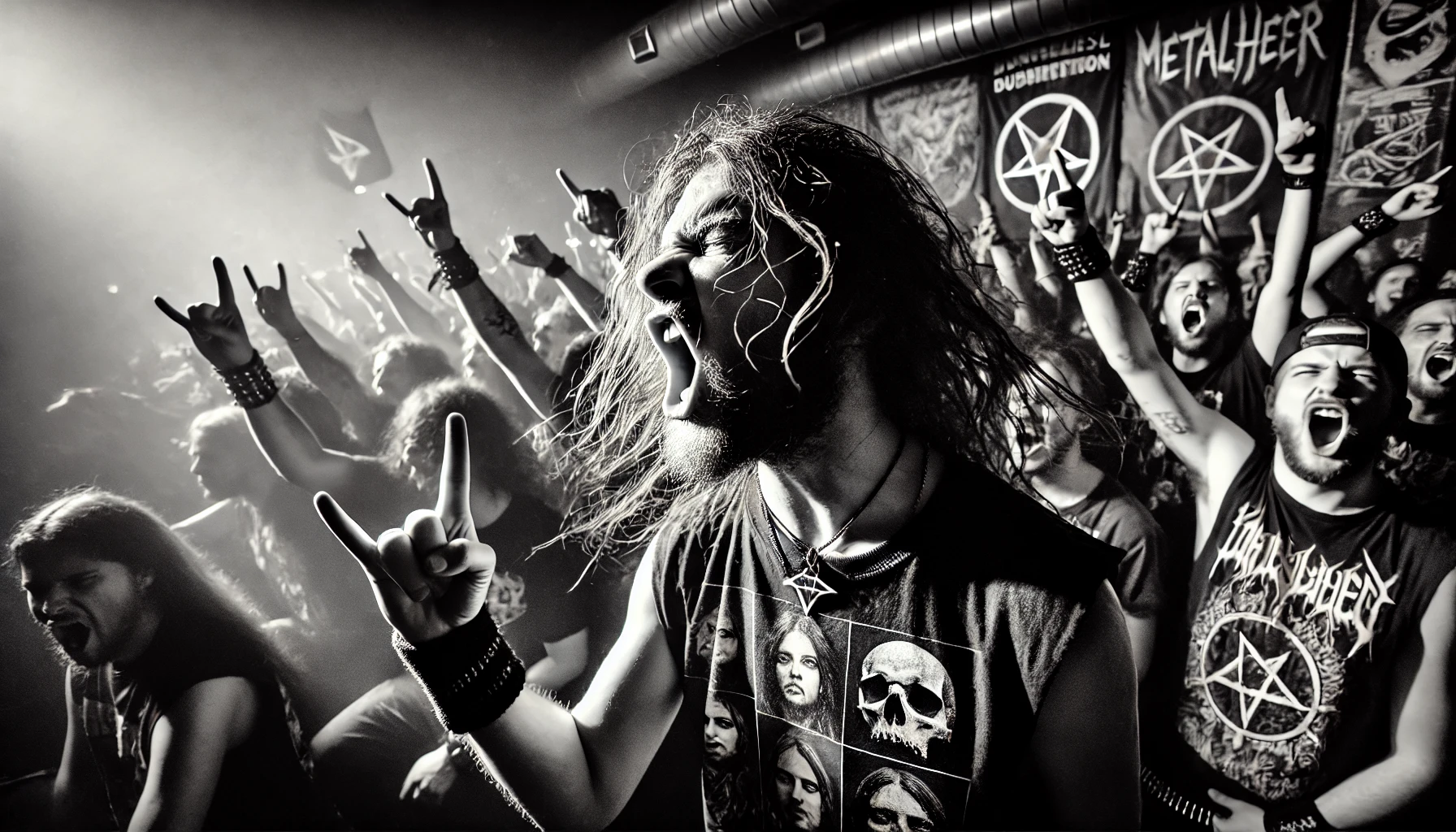 A dramatic close-up of a metalhead at a concert, headbanging with passion. The metalhead is wearing a band t-shirt and has long hair flying, with intense lighting and shadows. The background shows a sea of metalheads with fists raised and horns up, capturing the rebellious energy of the crowd with graffiti and banners in the background.