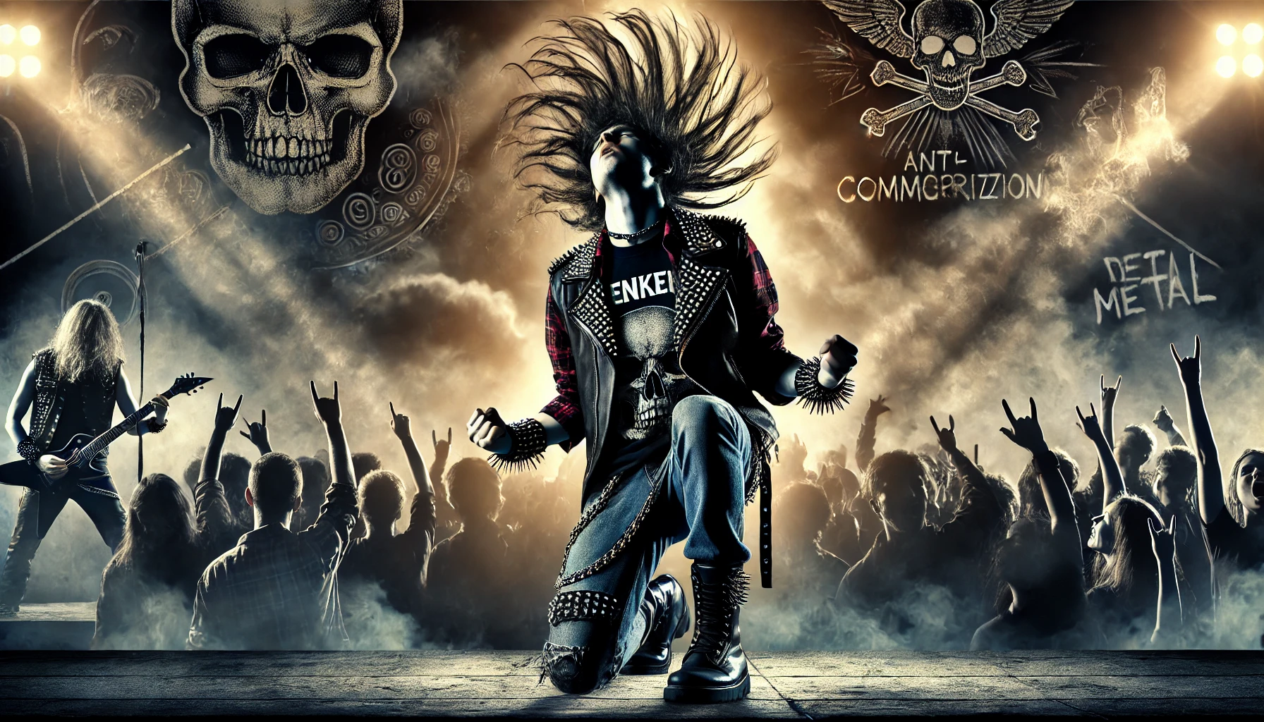 A dynamic scene of a metal concert with a female metalhead in the foreground, headbanging with long hair flying, wearing a band t-shirt, leather jacket, and studded accessories. The background shows a crowd of metalheads with fists raised and horns up under dramatic lighting, with graffiti and banners emphasizing themes of nonconformity and anti-commercialization.