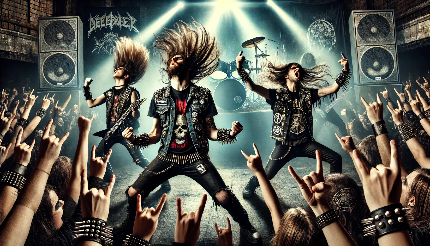 A powerful scene of a metal concert with both male and female metalheads in the foreground, headbanging with long hair flying, wearing band t-shirts, leather jackets, and studded accessories. The background shows a crowd of metalheads with fists raised and horns up under dramatic lighting, with the stage visible and the band performing.