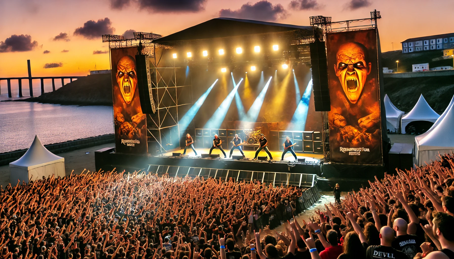 A vibrant scene at Resurrection Fest 2024 in Viveiro, Spain, with a powerful performance by a metal band on a massive stage, featuring intense lighting, pyrotechnics, and a crowd of passionate metalheads showing 'devil horns' gestures. The backdrop includes the Galician coastline at sunset.
