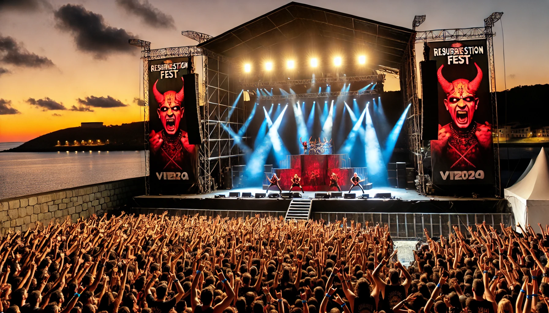 Resurrection Fest 2024 in Viveiro, Spain, depicted with a massive stage, a metal band's powerful performance, intense lighting, pyrotechnics, and a sea of metalheads showing 'devil horns' gestures. The stunning Galician coastline and sunset create a dramatic backdrop.