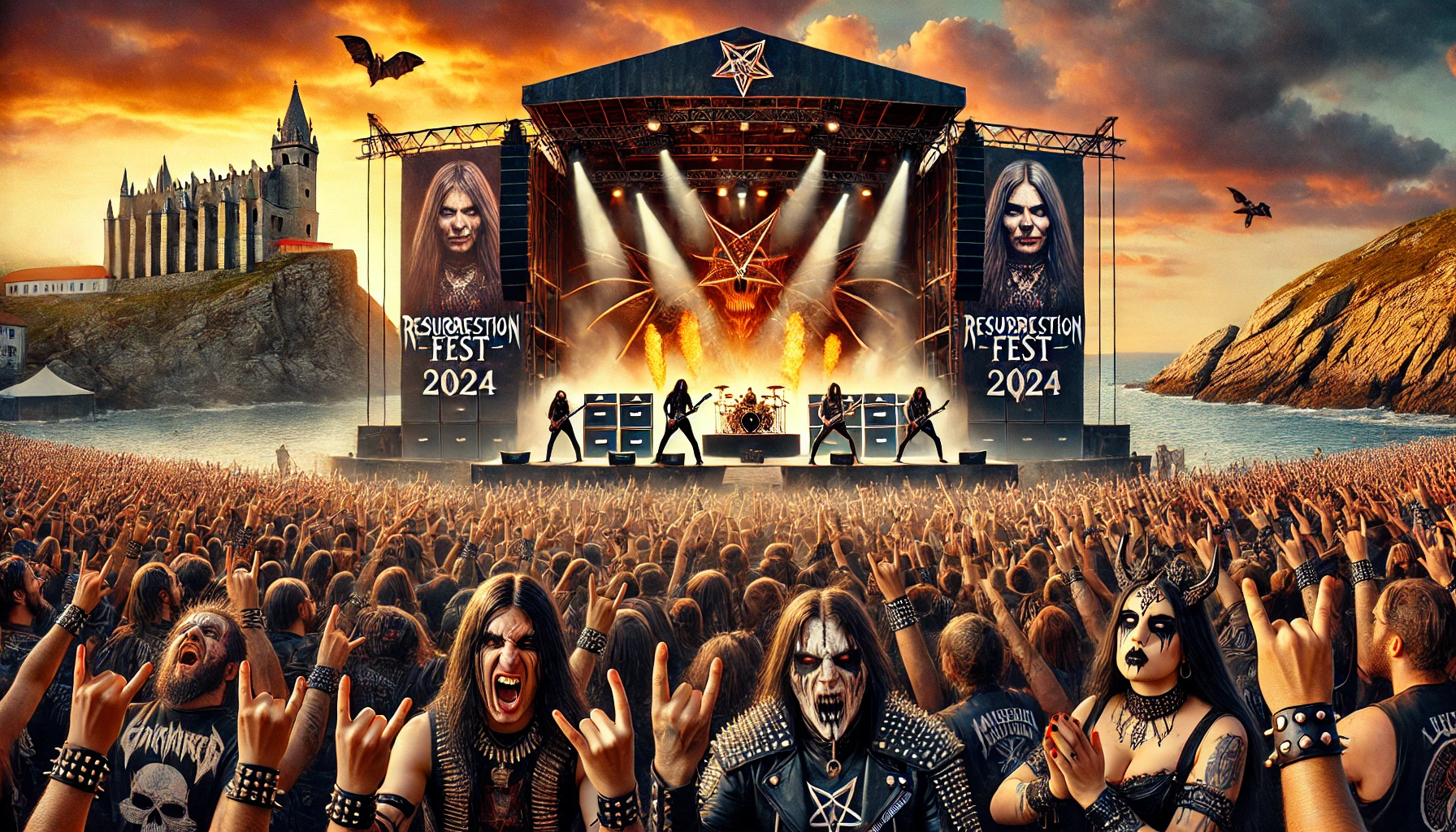 Resurrection Fest 2024 in Viveiro, Spain, showcasing a gothic woman with dark makeup, black clothing, and striking accessories in the foreground, along with a metalhead man with long black hair and a leather outfit, fully immersed in the music. The scene includes a massive stage, intense lighting, pyrotechnics, and a dramatic Galician coastline sunset.