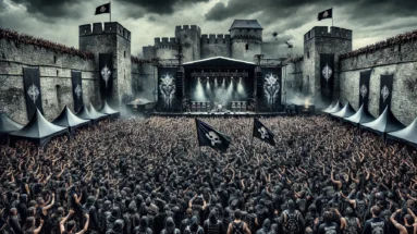 Brutal Assault 2025 metal festival scene at Fortress Josefov, featuring a massive stage, dark overcast sky, and a crowd of black-clad metalheads immersed in the intense, chaotic atmosphere of extreme music.