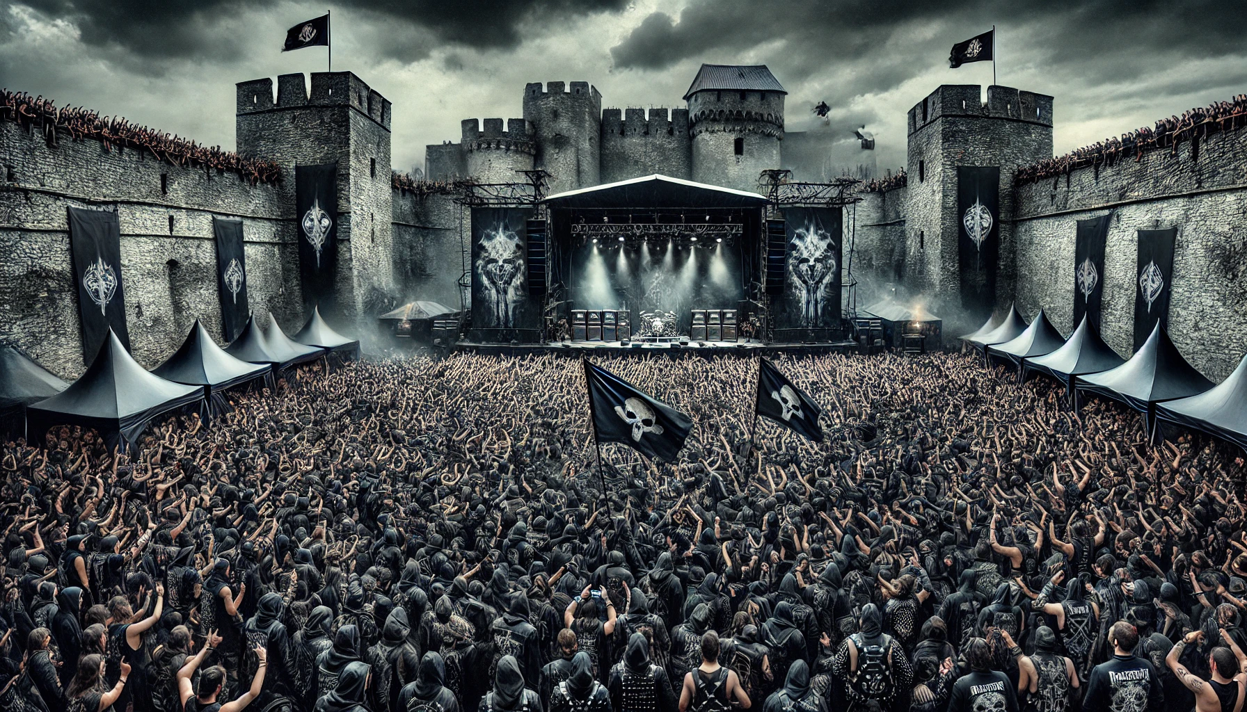 Brutal Assault 2025 metal festival scene at Fortress Josefov, featuring a massive stage, dark overcast sky, and a crowd of black-clad metalheads immersed in the intense, chaotic atmosphere of extreme music.