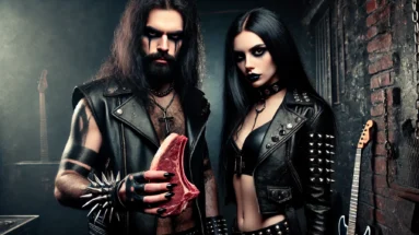 A black metalhead man and woman holding raw steaks, dressed in leather with long black hair, smoky eye makeup, and long black nails, in a dark environment with guitars in the background.