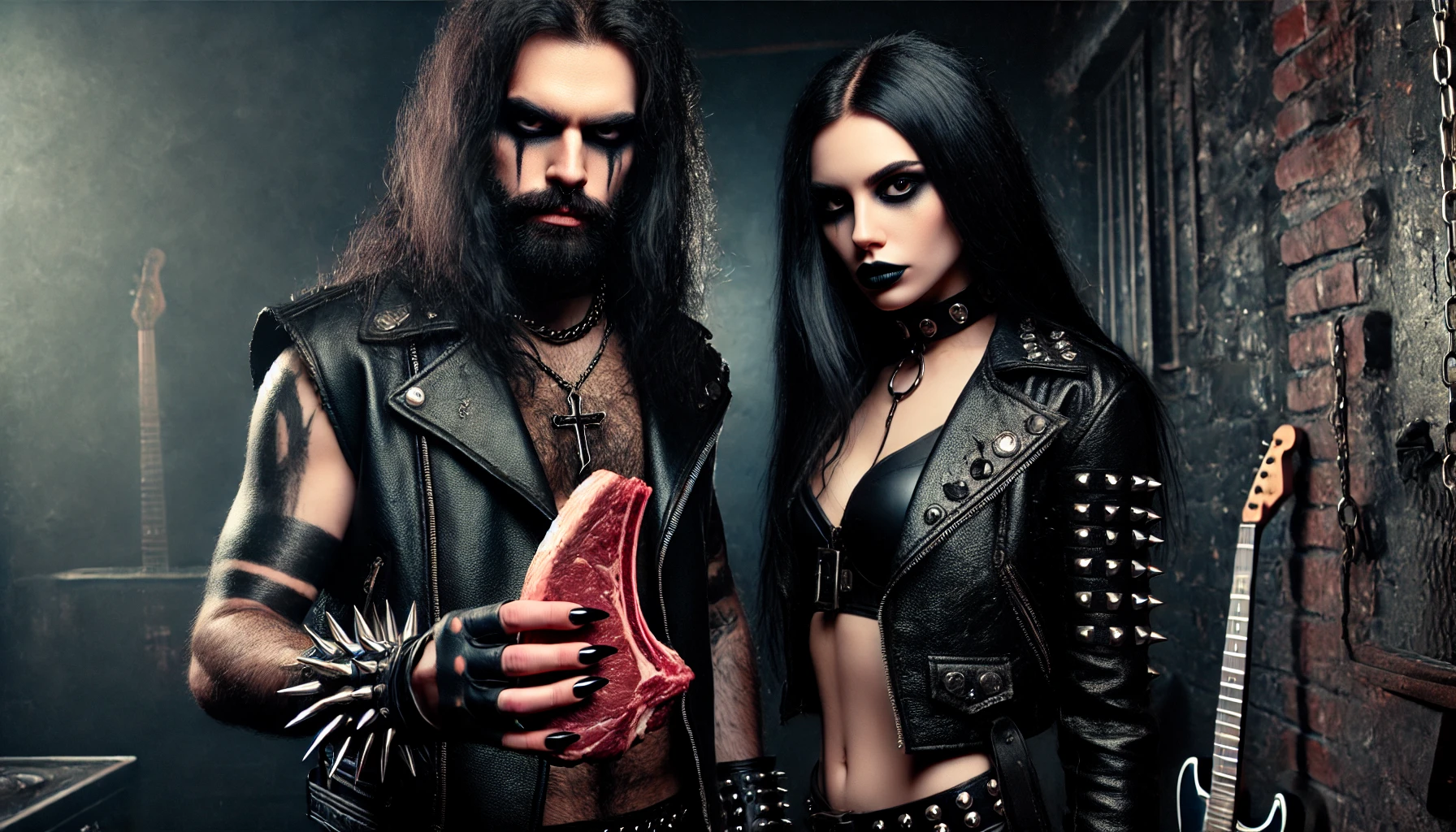 A black metalhead man and woman holding raw steaks, dressed in leather with long black hair, smoky eye makeup, and long black nails, in a dark environment with guitars in the background.