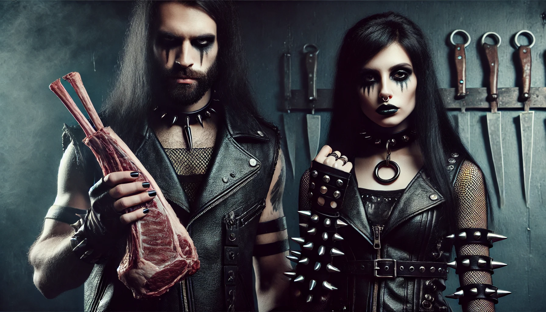 A black metalhead man holding a large cut of meat, and a woman dressed in leather with spiked accessories, standing in a gritty, shadowy setting with knives on the wall.