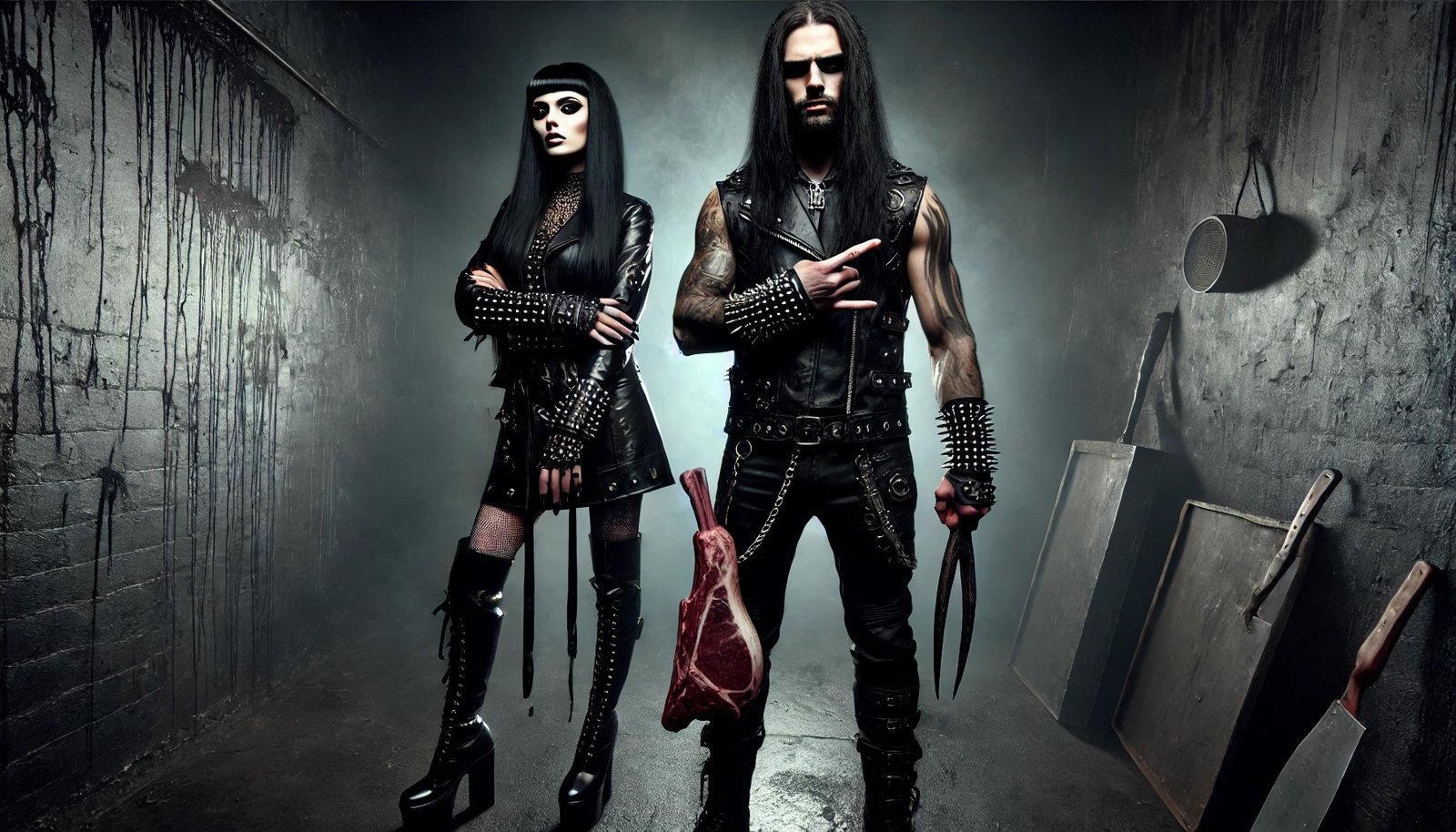 Full-body shot of a black metalhead man and woman holding raw steaks, both dressed in leather, standing in a dark industrial setting, surrounded by chains and cooking equipment.