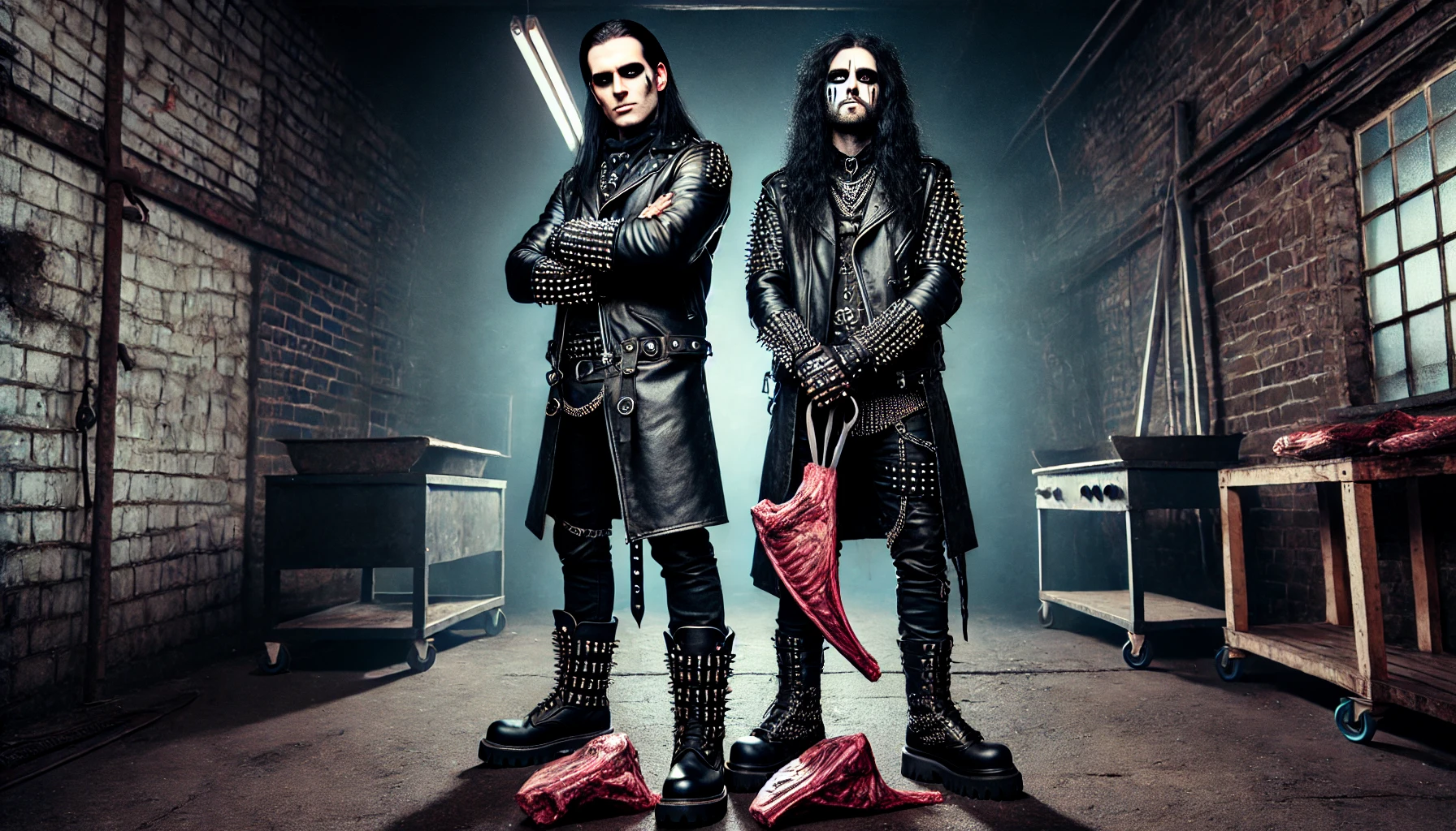 Full-body shot of a black metalhead man and woman dressed in leather, holding raw steaks in a gritty industrial setting. Both wear spiked outfits, with the man in heavy leather boots and the woman in high-heel boots, embodying a fierce, rebellious attitude with dark, smoky eye makeup and long black hair.