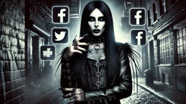 A striking image of Xavi with long black hair, smokey eye makeup, long black nails, dressed in a black leather outfit. The background features a dark gothic alley with glowing social media icons.