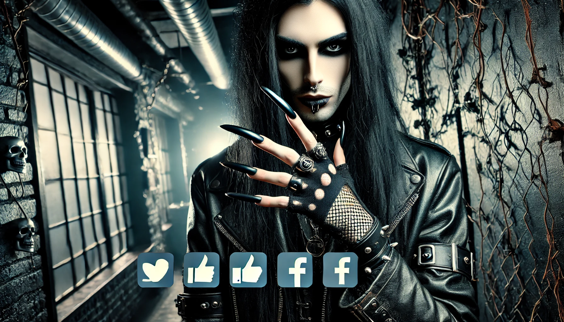 Dressed in black leather with smokey eye makeup and long black nails, standing in a moody gothic corridor with social media icons floating around.