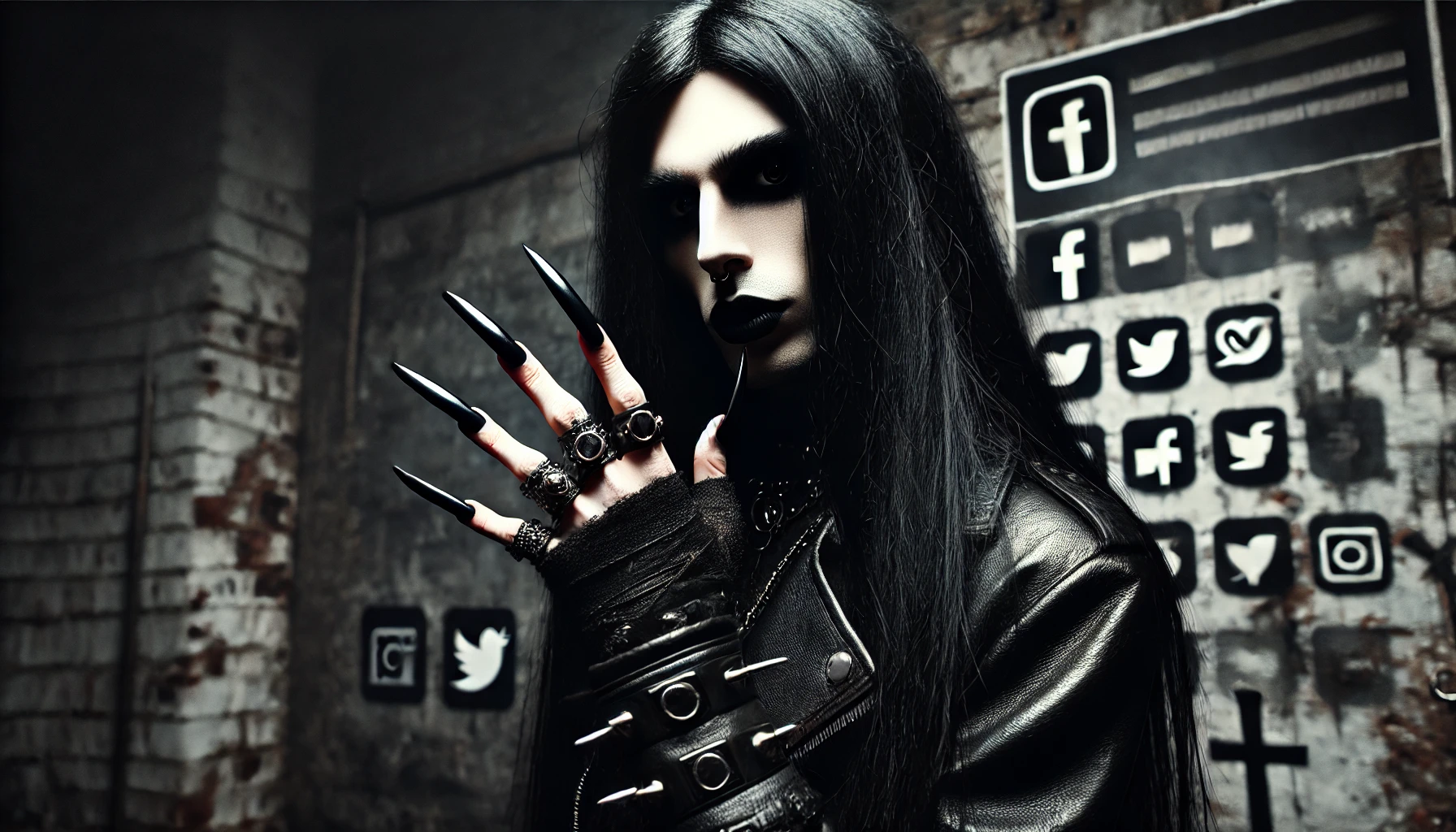 A powerful figure with long black hair, black leather outfit, smokey eye makeup, and long black nails, standing in a dark urban environment with a wall of graffiti-like social media icons.