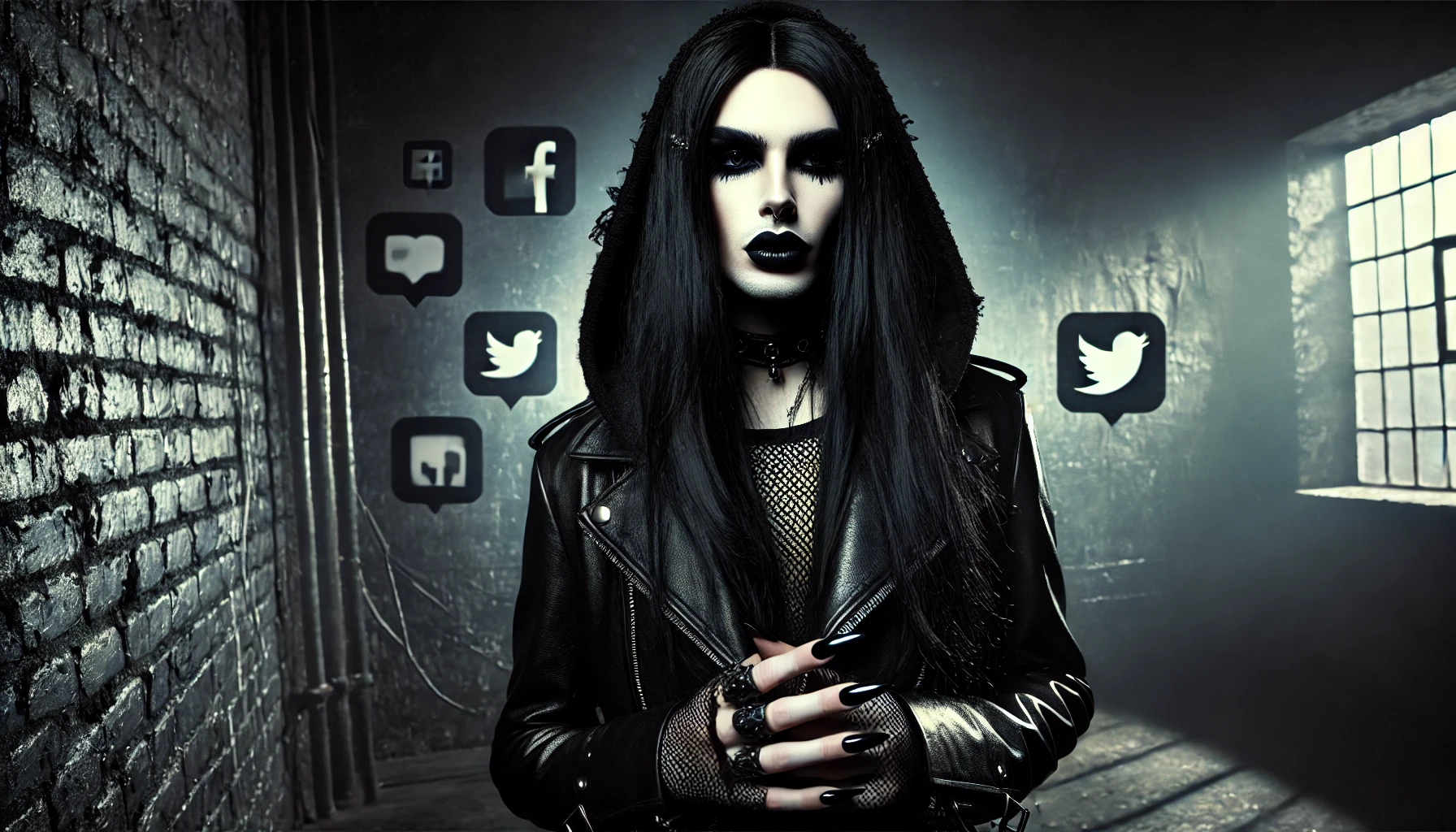 A dramatic figure with long black hair, smokey eye makeup, and long black nails, dressed in leather, standing confidently in a dark urban alley with glowing social media icons.