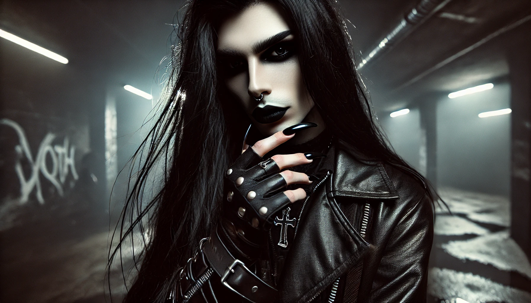 A moody, powerful image of a person in a black leather outfit, with long black nails and hair, standing in a gritty, dimly lit urban alley without any social media icons.