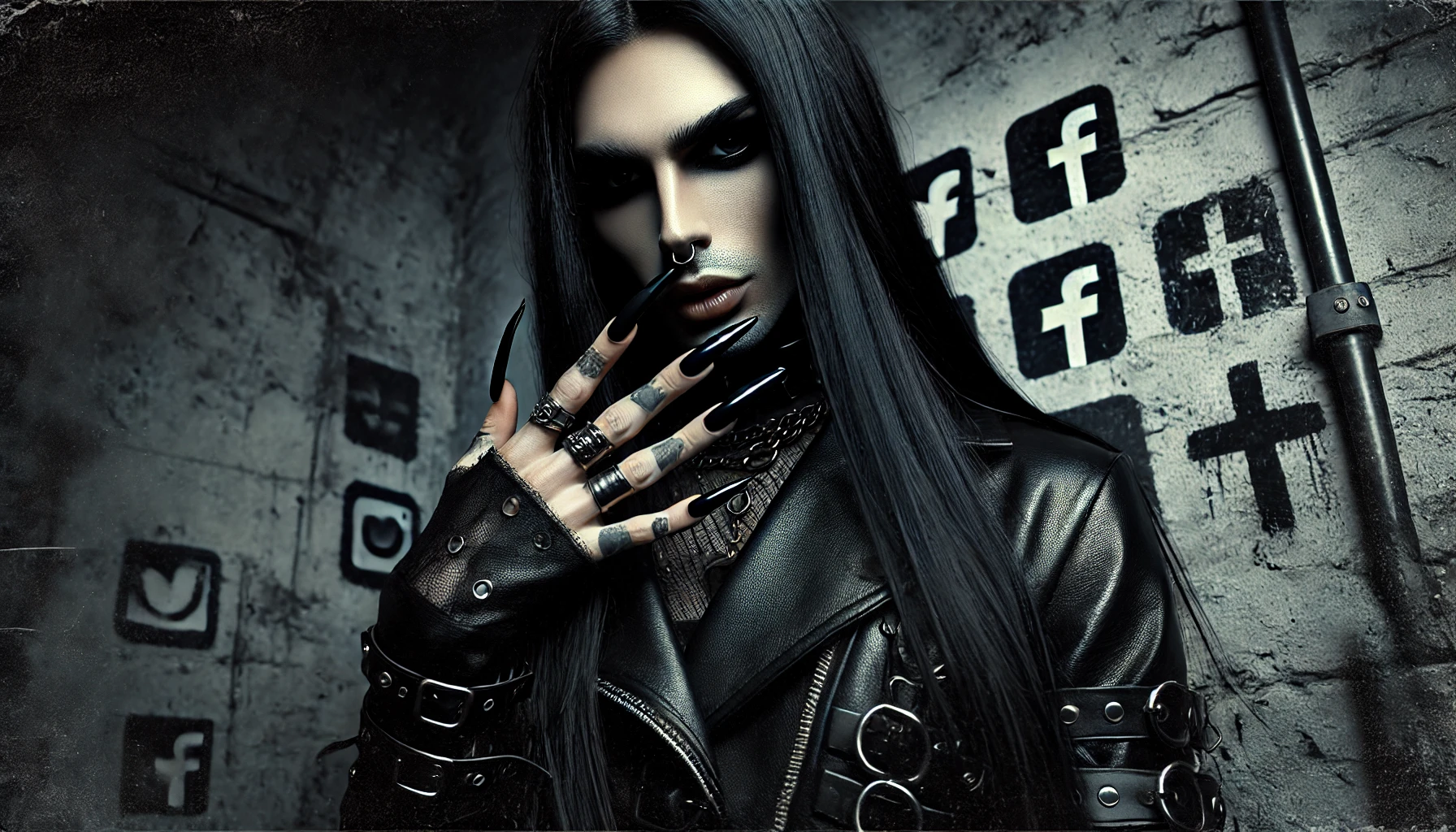 A bold and intense figure with long black hair, smokey eye makeup, long black nails, dressed in leather, standing in a gritty urban alley with muted graffiti-like social media symbols on the wall.