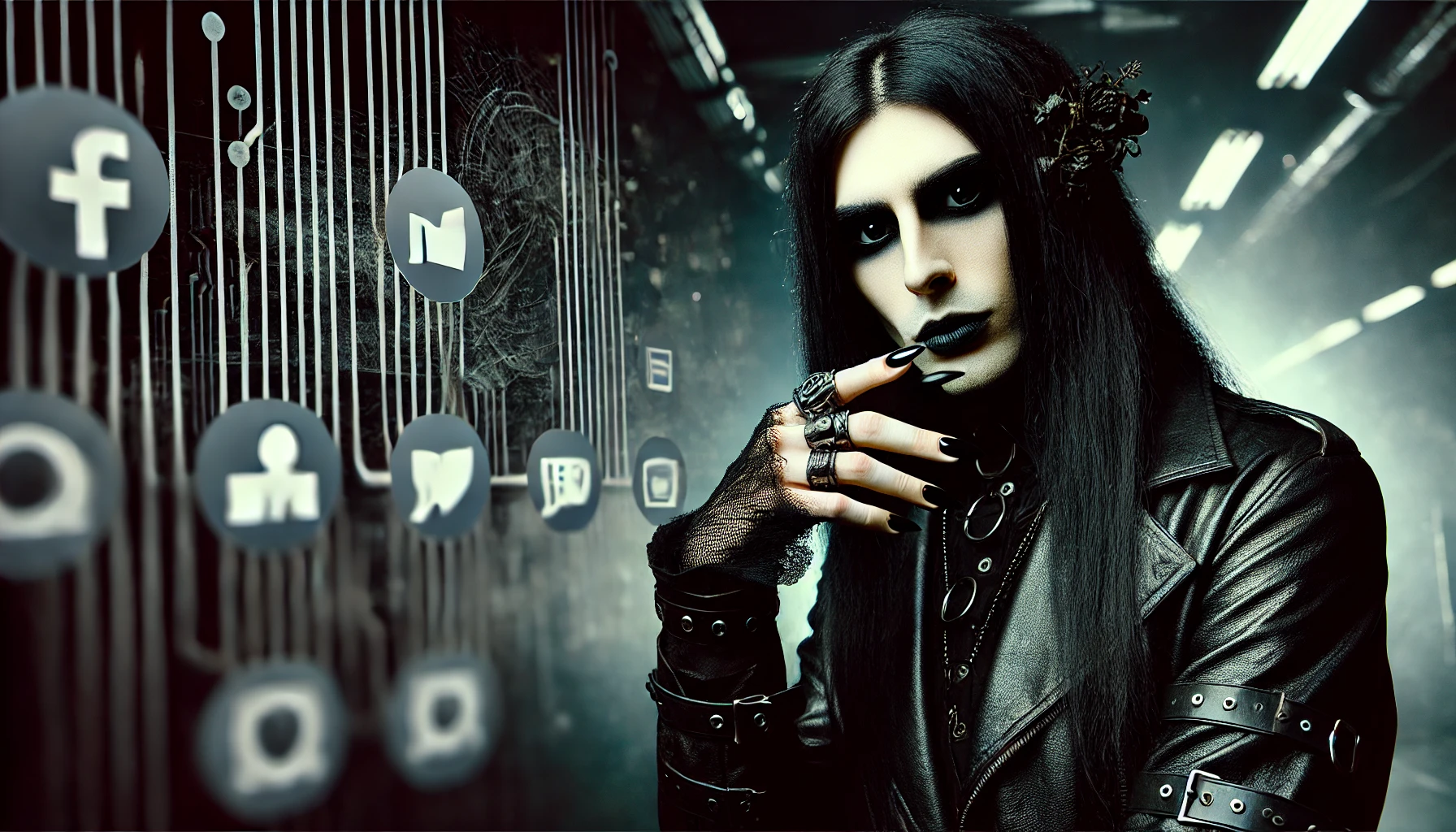 A dark and rebellious figure with long black hair, smokey eye makeup, long black nails, and a black leather outfit, standing in a mysterious urban environment without social media elements.