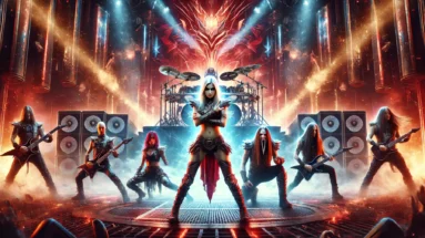 High-energy concert image of Battle Beast on stage, featuring lead singer Noora Louhimo in a warrior-like pose, surrounded by band members playing their instruments, with fiery red and blue lighting effects and a futuristic metallic background.