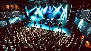 Evergrey and Cyhra performing live at The Tivoli in Helsingborg on September 21st, 2024, with dramatic blue and purple stage lighting and an energetic crowd immersed in the concert experience.