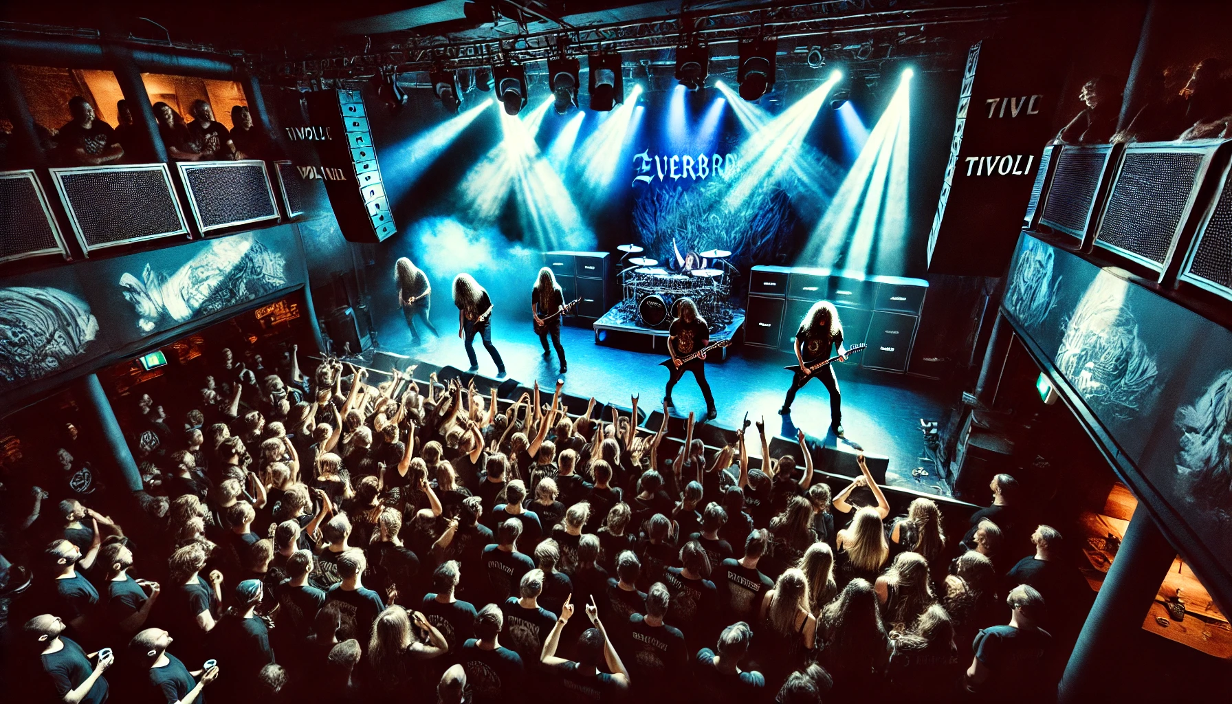 Evergrey and Cyhra performing live at The Tivoli in Helsingborg on September 21st, 2024, with dramatic blue and purple stage lighting and an energetic crowd immersed in the concert experience.