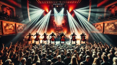 Apocalyptica performing live at Amager Bio in Copenhagen, with dramatic red and blue lighting, passionately playing their cellos in front of an energetic crowd at the 2024 concert.