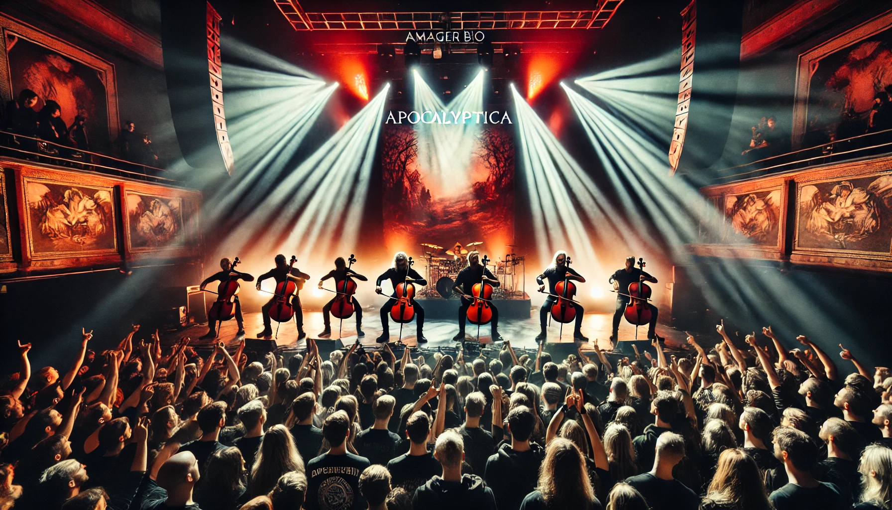 Apocalyptica performing live at Amager Bio in Copenhagen, with dramatic red and blue lighting, passionately playing their cellos in front of an energetic crowd at the 2024 concert.