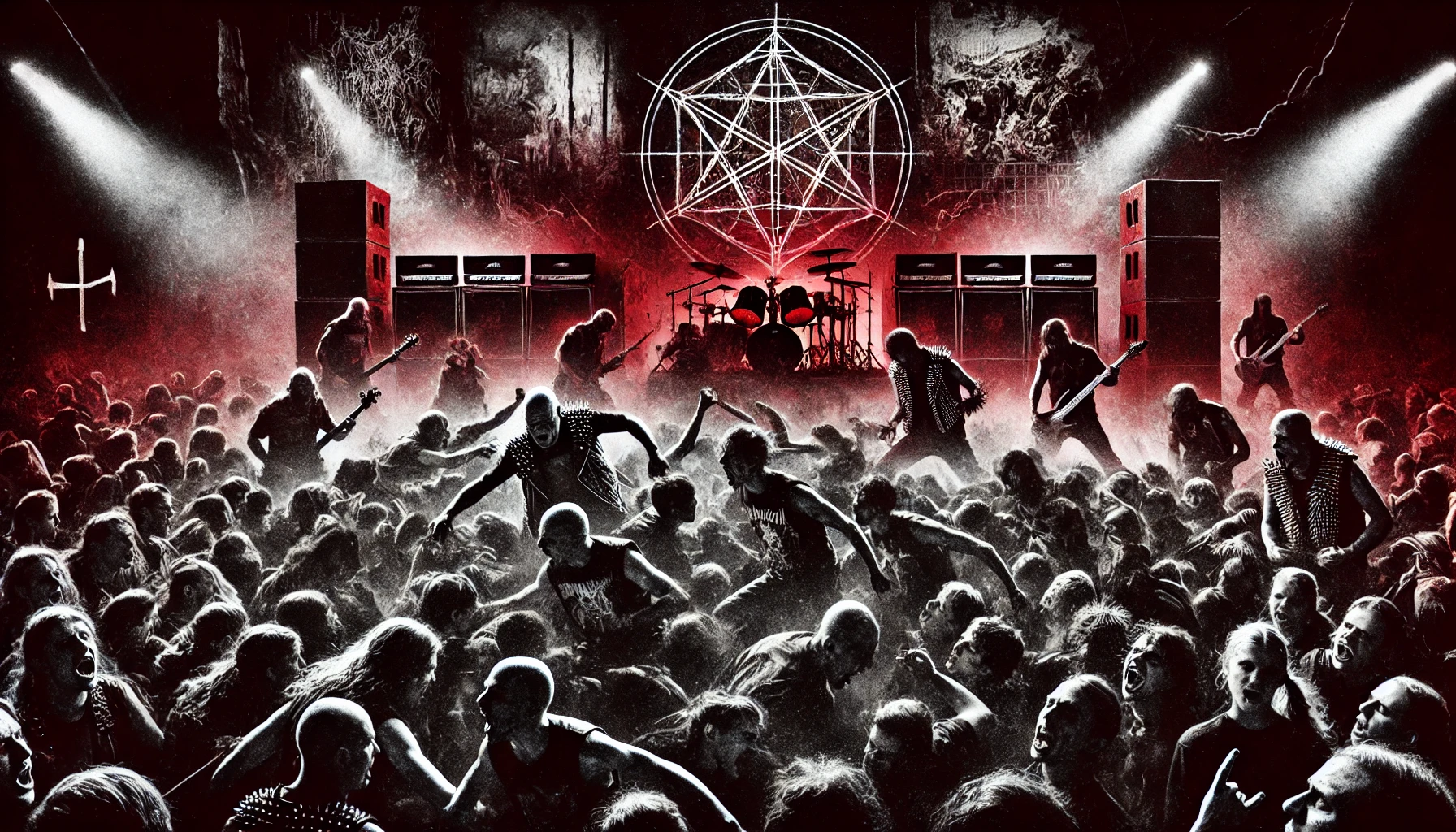 A chaotic black metal concert scene with a wild mosh pit full of aggressive energy. The crowd is thrashing in dark, spiked clothing while the black metal band performs under blood-red lighting in the background. The scene reflects the raw chaos of both the mosh pit and human society.
