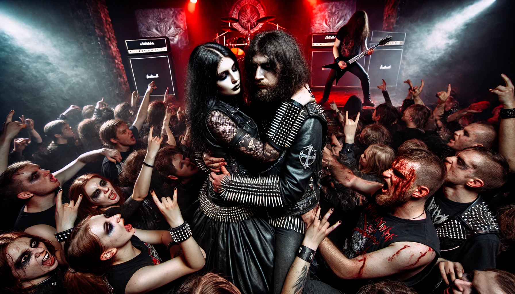 A black metal concert scene with a wild mosh pit in the foreground. A couple, a man with a beard and a woman with long black hair, stand embracing amid the chaos. Both wear dark, spiked clothing, and their intense expressions reflect their connection in the midst of the mosh pit frenzy.