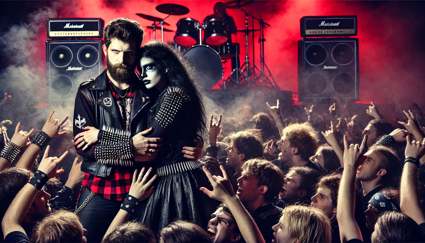 A black metal concert scene featuring a chaotic mosh pit with a man and woman couple. The man has a beard, and both are wearing dark, spiked leather outfits, with their hair flowing wildly. They stand out in the middle of the violent crowd as the black metal band performs under dark red lights in the background.