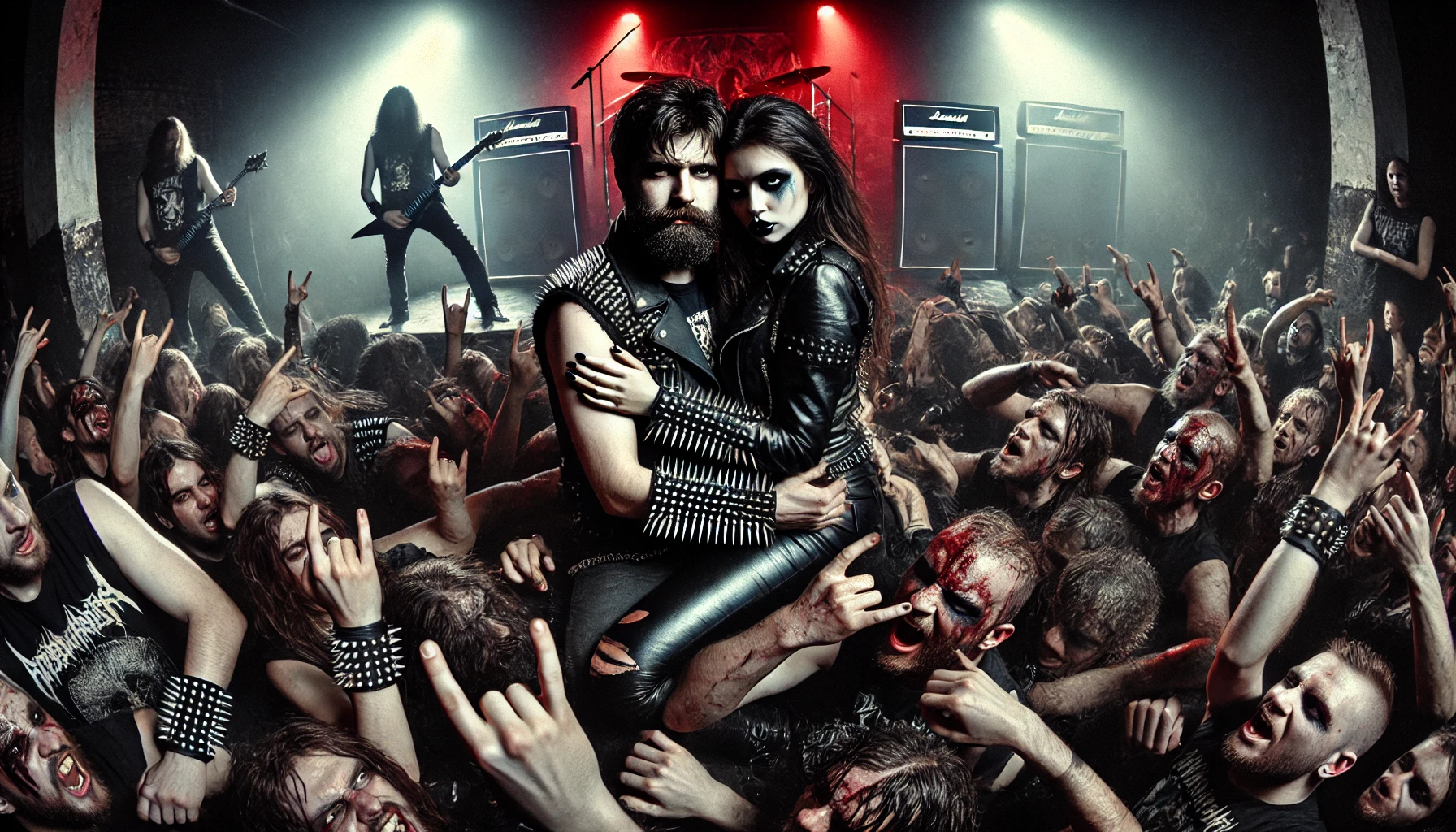 A black metal concert scene with a man and woman couple standing in the midst of a chaotic mosh pit. The man has a long beard and is wearing spiked leather, while the woman has long black hair. The couple embraces fiercely while the crowd thrashes around them, with the band performing in the background under dim lighting.