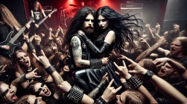A chaotic black metal concert scene with a wild mosh pit in the foreground. A couple with long black hair, dressed in dark leather and spiked outfits, embraces amid the frenzy. Their hair flows wildly as they stand out amidst the aggressive crowd. The dark, red-lit stage adds to the intensity of the atmosphere.