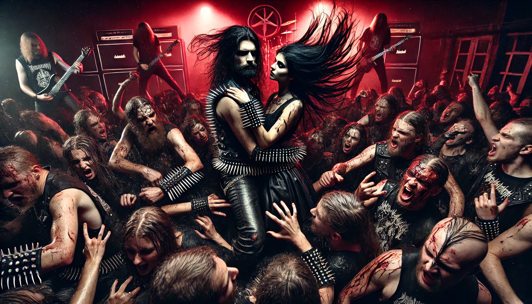 A black metal concert scene with a mosh pit where a couple with long black hair stands in the center. They embrace as their hair flies in the chaotic energy of the pit. The dark, intense atmosphere of the concert is mirrored by the blood-red lighting and the violent movement of the crowd around them. 