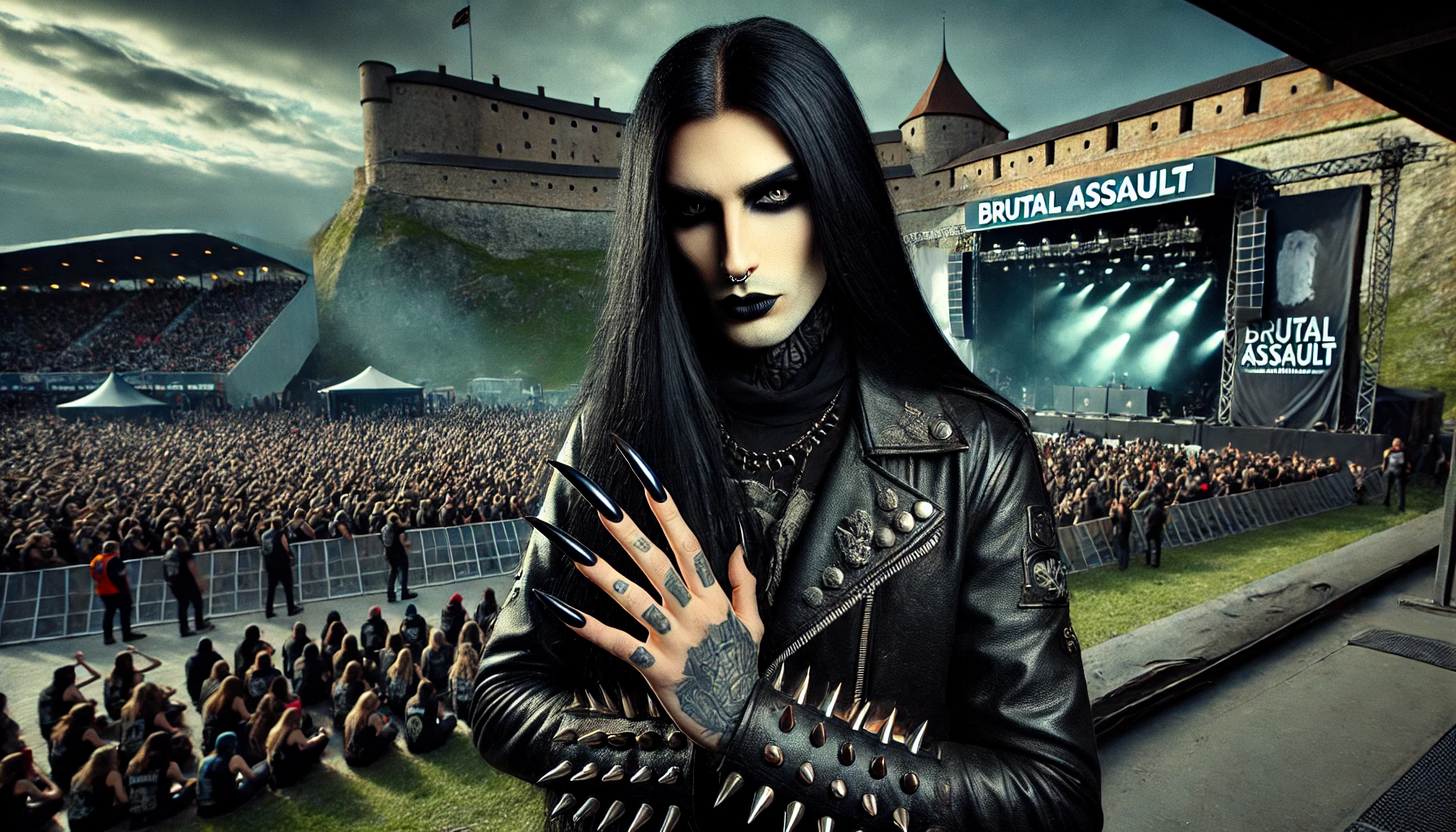 A striking black metalhead man with long black hair and sharp black nails, standing confidently at the Brutal Assault festival during the day. Behind him is the iconic fortress and a sea of metal fans.