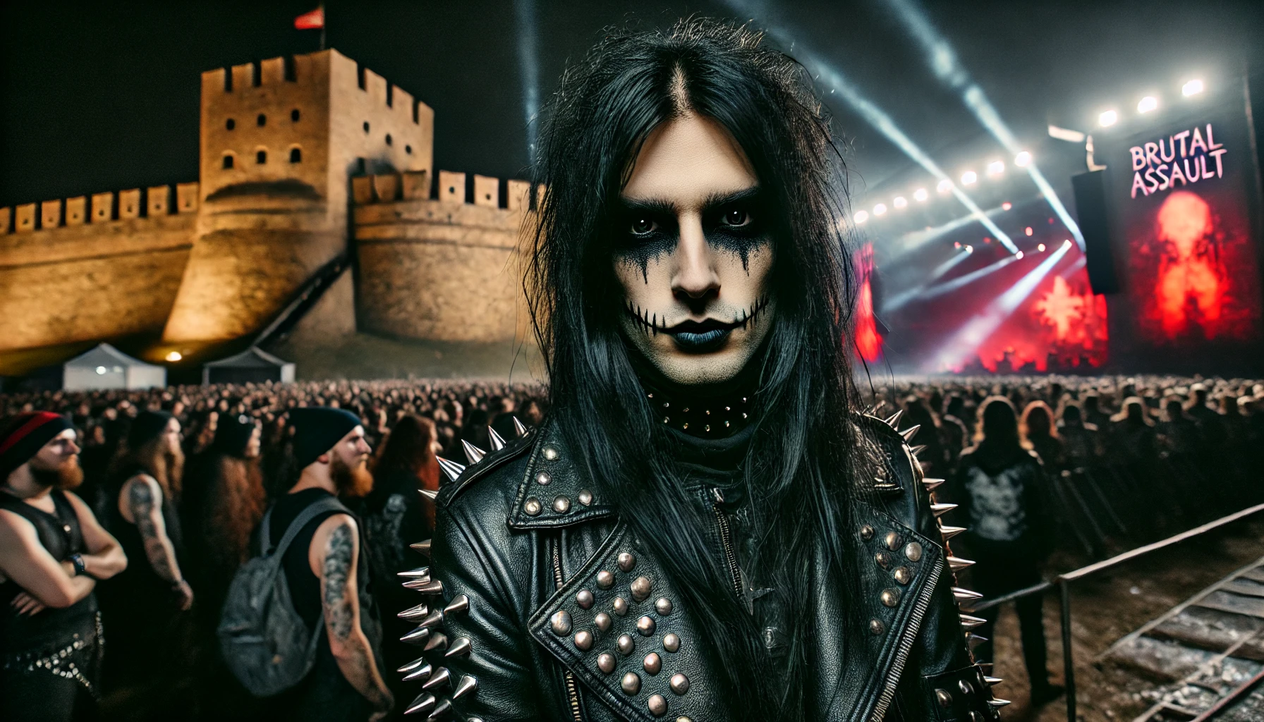 A black metalhead with long black hair and intense smokey eye makeup stands at the Brutal Assault festival at night. The fortress and festival stage are lit up in the background, with a crowd of fans surrounding the stage. 