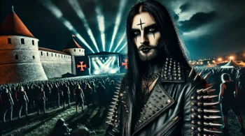 A menacing black metalhead with long black hair, wearing a spiked leather jacket, poses at the Brutal Assault festival. Behind him, the fortress of Josefov is lit dramatically, and the crowd is immersed in the festival's chaotic energy.