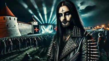 A menacing black metalhead with long black hair, wearing a spiked leather jacket, poses at the Brutal Assault festival. Behind him, the fortress of Josefov is lit dramatically, and the crowd is immersed in the festival's chaotic energy.
