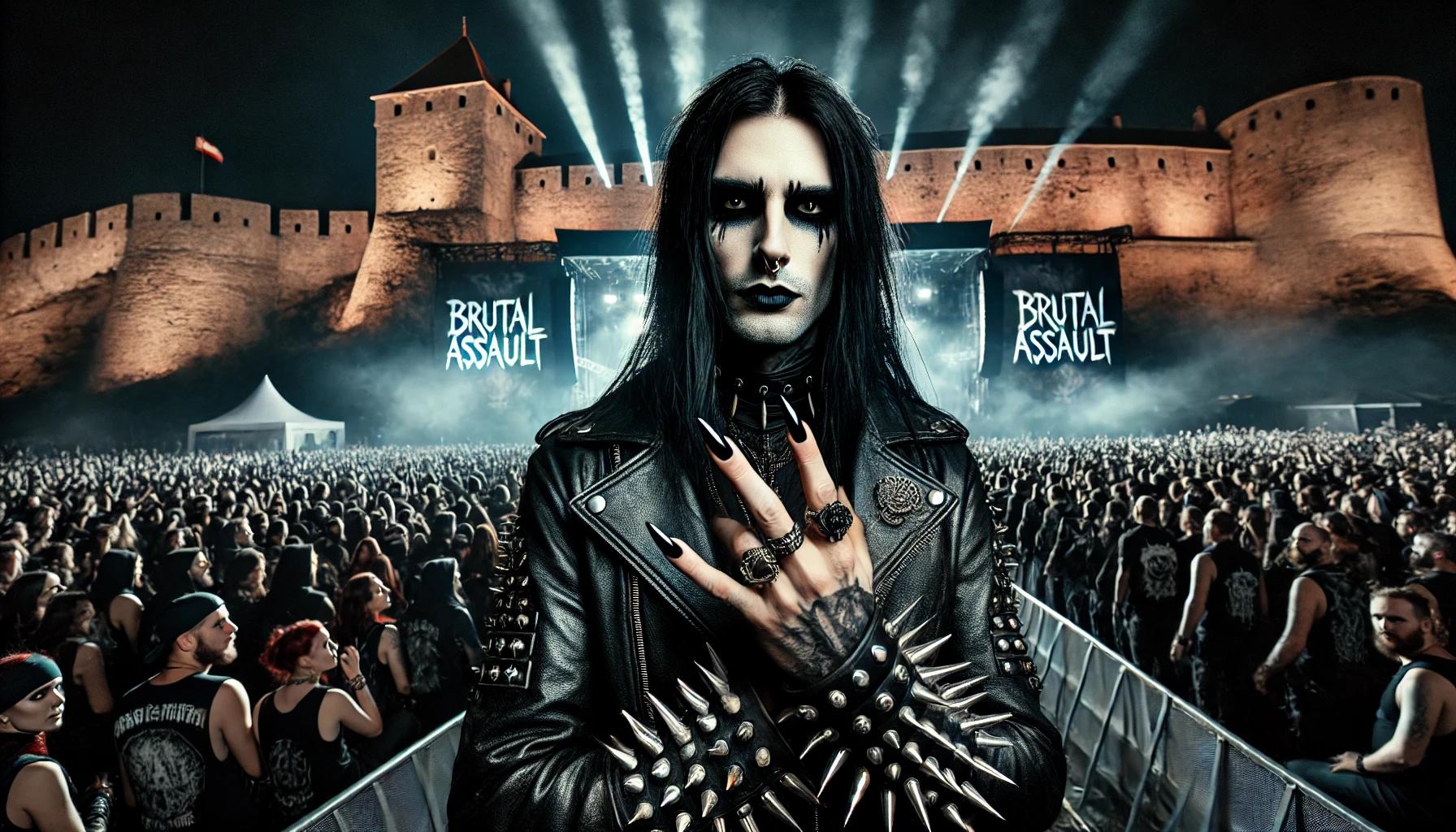 A black metalhead man with long black nails and smokey eye makeup poses powerfully in front of the Brutal Assault festival stage at night. The fortress looms in the background, adding to the intense atmosphere.